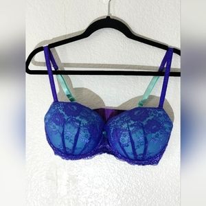 Candie's 36d Padded Push Up Underwire Balconette Bra Teal w Purple Lace